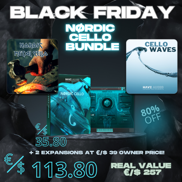 Black Friday promotional graphic for a Nørdic Cello bundle (Nørdic Cello + Cello Waves + Nordic Metal Cello). €/$ 113.80 instead of €/$ 257. No Code required.