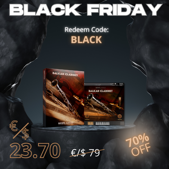 Black Friday promotional graphic with Balkan Clarinet packaging and 70% discount details: redeem code BLACK