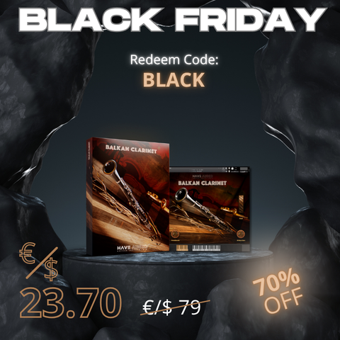 Black Friday promotional graphic with Balkan Clarinet packaging and 70% discount details: redeem code BLACK