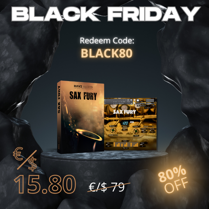 Black Friday promotional graphic for Sax Fury instrument with a discount code and 80% price reduction. Redeem Code: BLACK80