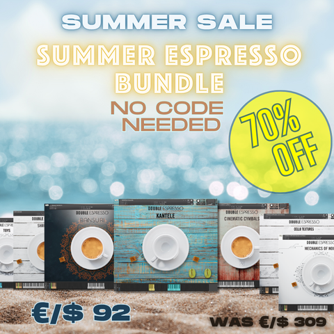 Promotional graphic for a summer espresso bundle with 7 instruments and package designs lined up on a sandy beach-style background, large text reading 'SUMMER SALE' and 'SUMMER ESPRESSO BUNDLE', a yellow '70% OFF' badge, and pricing at the bottom.