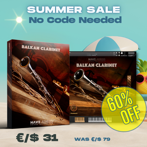 Promotional graphic for Balkan Clarinet software with a 60% off discount on a blue gradient background. Summer Sale - €/$ 31 Only. 