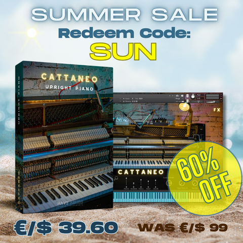 Promotional graphic for the Cattaneo Upright Piano virtual instrument, featuring the product box, software interface screenshots, and sale text 'SUMMER SALE', 'Redeem Code: SUN', and '60% OFF' over a light blue sky and sand background.