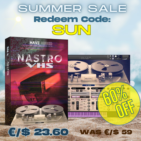 Promotional graphic for Nastro VHS audio software with a 60% off discount and beach background.