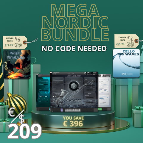 Promotional image for the MEGA NORDIC BUNDLE, featuring Nordisk Kontrabass, Nørdic Cello (+ its 2 expansions Nordic Metal Cello and Cello Waves) and Nørdic Bass Clarinet. 