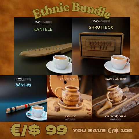 Promotional image of ethnic musical instruments with branding and pricing.